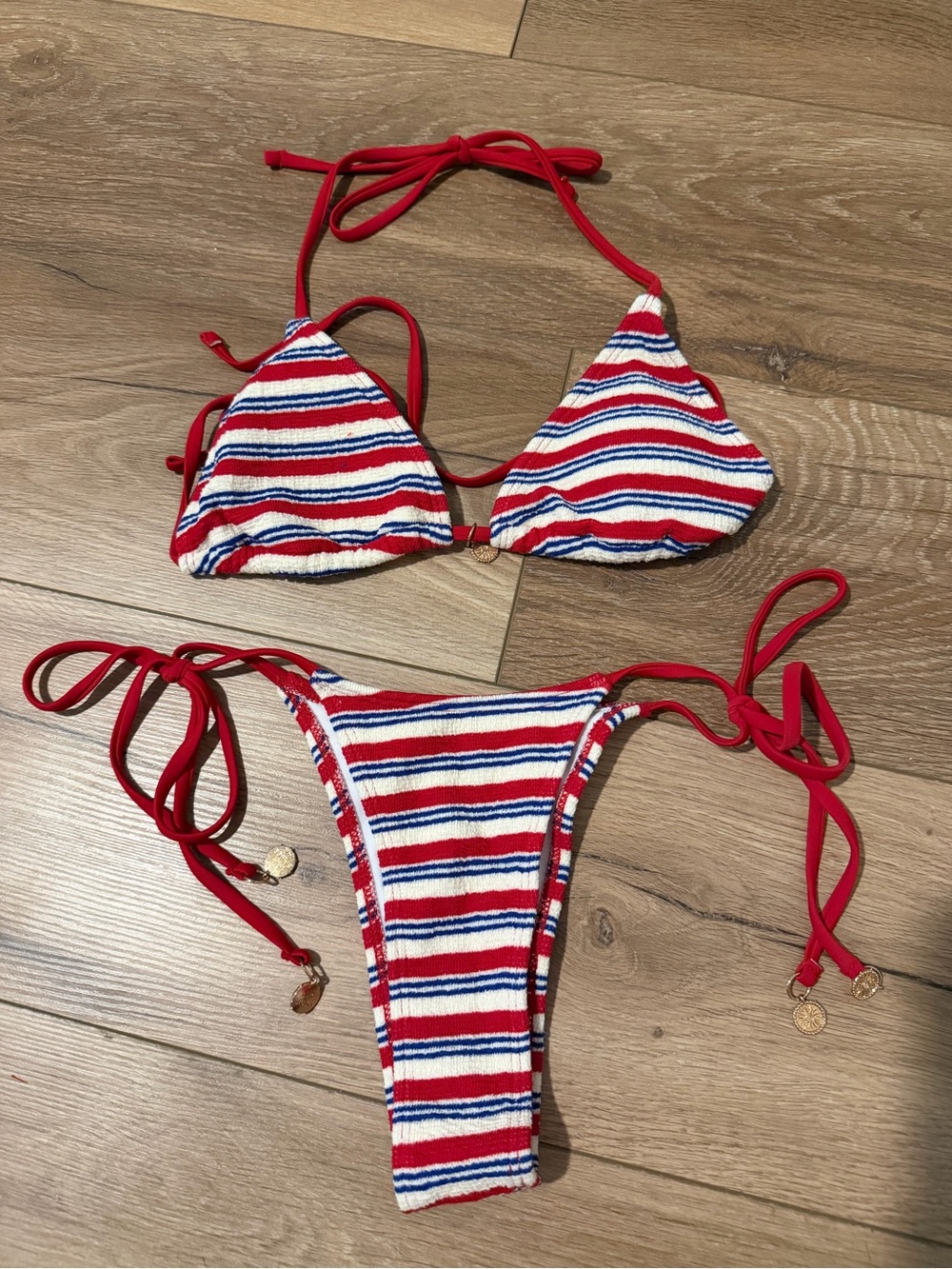 SHEIN Red White Blue Striped Tie Bikini